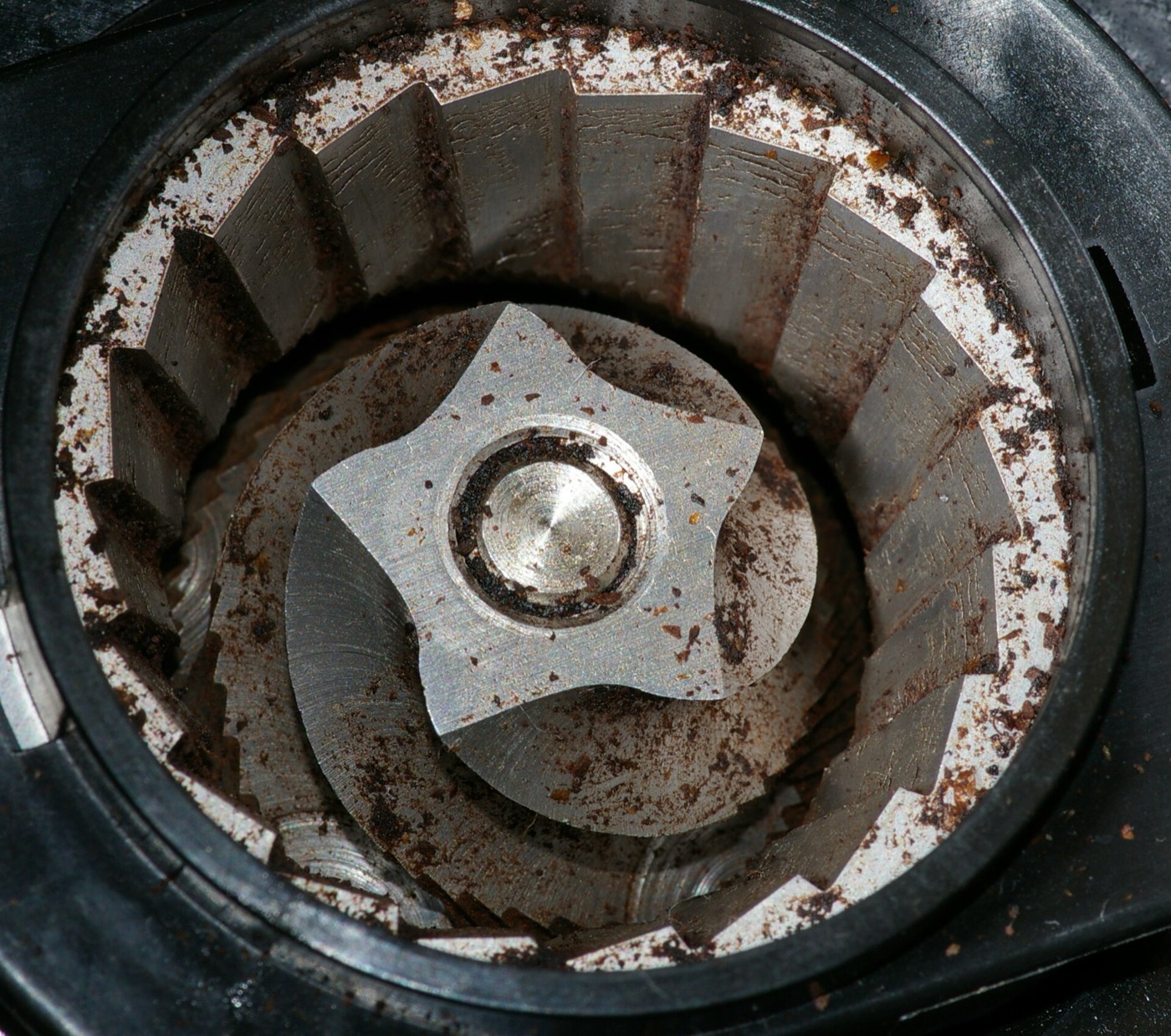 Close detail of a coffee burr grinder.